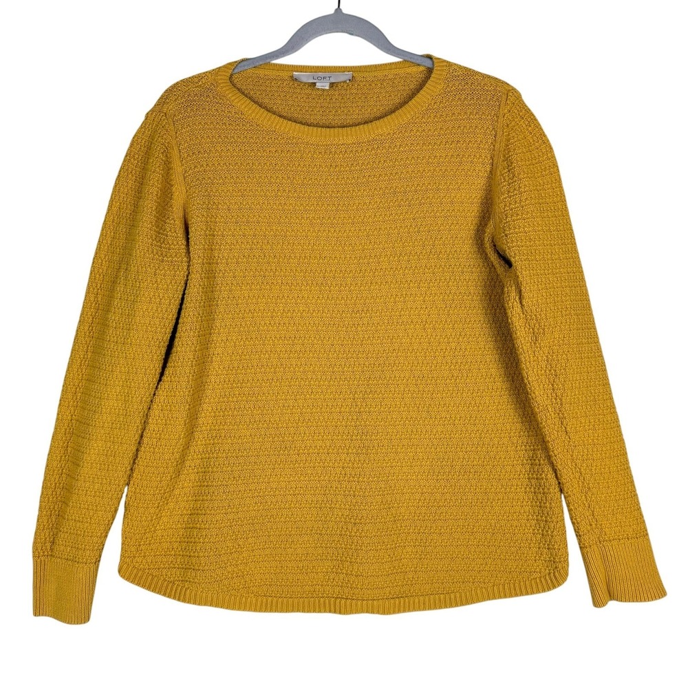LOFT Sweater Womens Large Yellow Waffle Crew Neck Long Sleeve Cotton Pullover